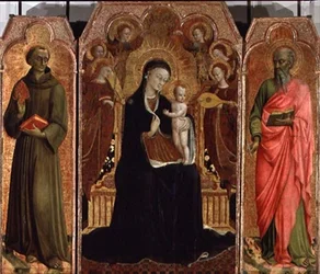 Madonna col Bambino in trono con sei angeli, SS. Antonio di Padova e Giovanni Evangelista, 1437-44